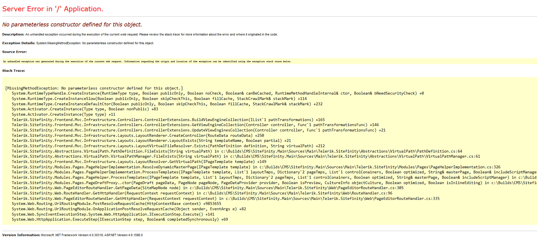 Solution for this Sitefinity Feather Error No parameterless