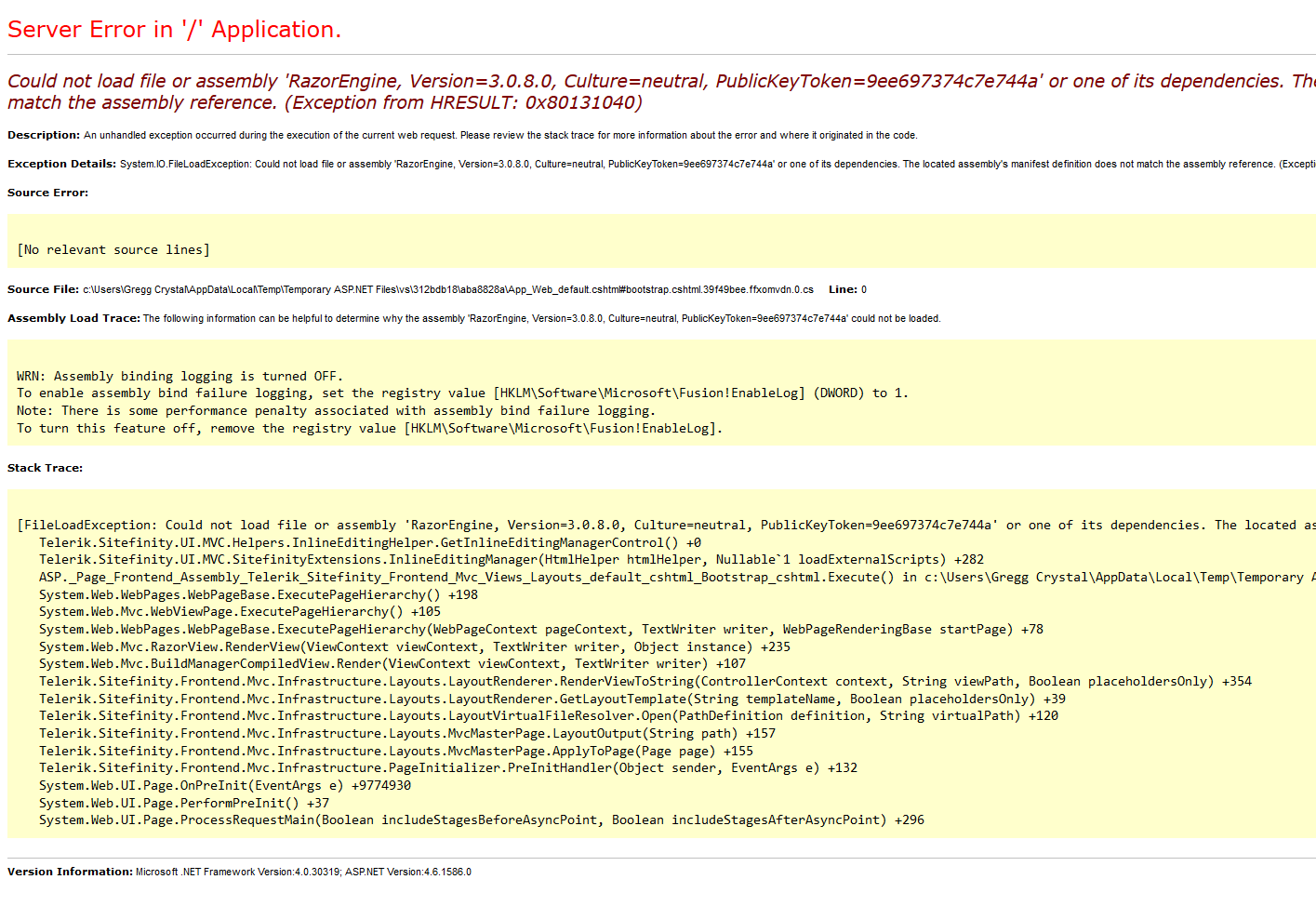 Solution to the Sitefinity Error: The located assembly's manifest ...
